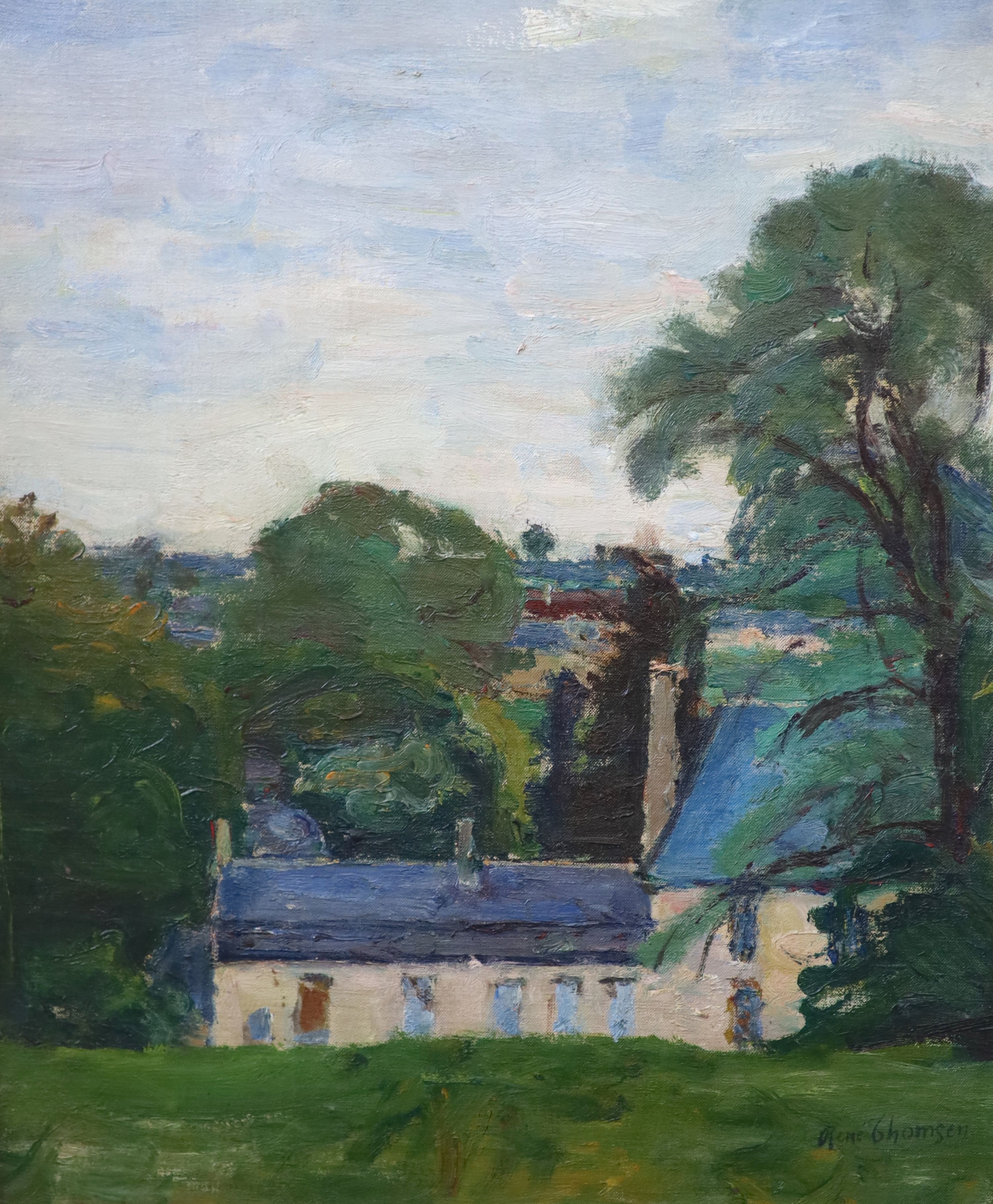 Rene Thomsen (French, 1897-1976), House and trees in a landscape, Oil on canvas, 54 x 45cm.